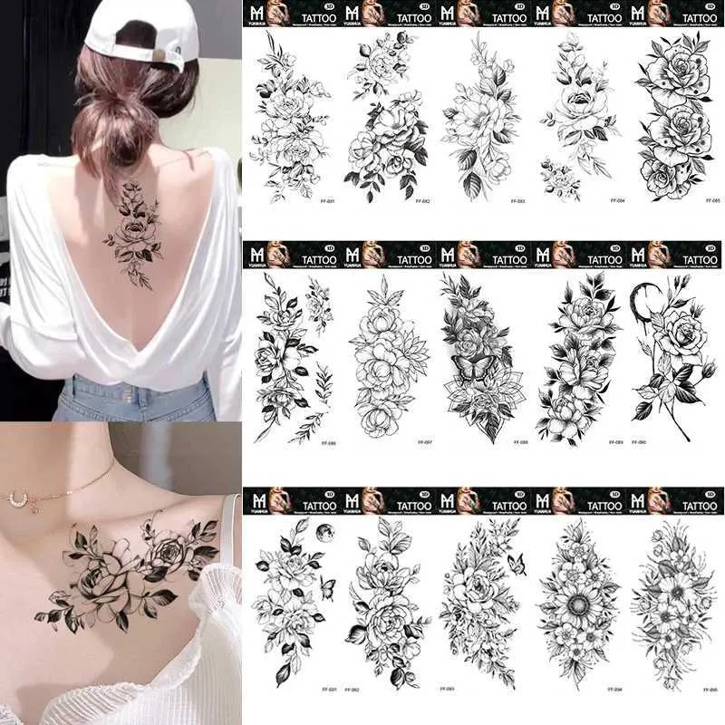 Татуировка переноса черного цветочного эскиза розовые татуировки водонепроницаемые длительные временные татуировки наклейка красота