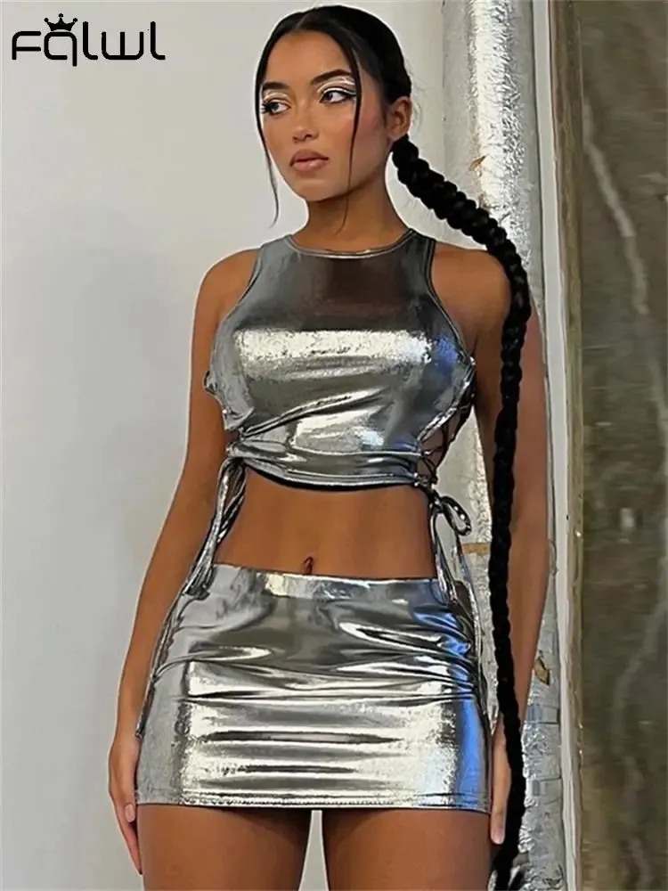 Habbris Silver Sleeveless Bodycon 2 Dwuczęściowe mini spódnice Zestaw strój klubu nocnego dla kobiet zimowy bandaż top zbiornikowa spódnica 240412