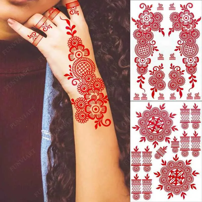 Tatuaż Transfer Nowy projekt Czerwony Henna Tatuaż Naklejki na rękę Kwiat Tymczasowe tatuaże do Woomen Wedding Party Fake Tattoo Waterproof 240427