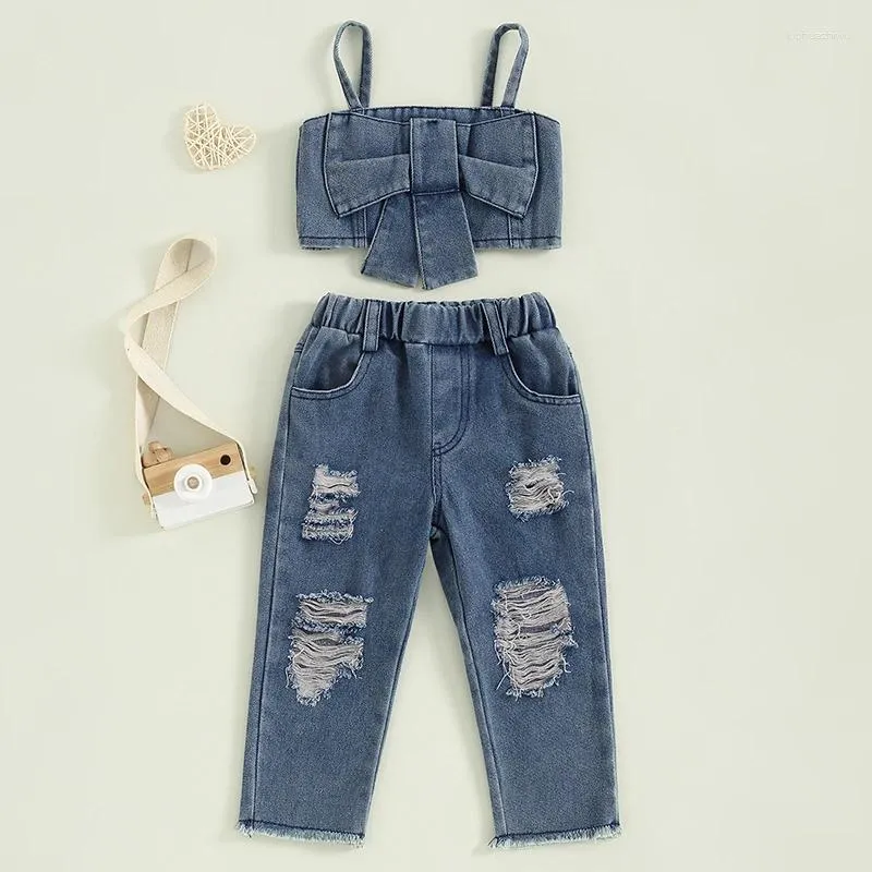 Clothing Sets Kids Girls Summer Outfits Baby Bowknot Sleeveless Denim Tank Tops And Ripped Pants Jeans 2Pcs Children Clothes Set