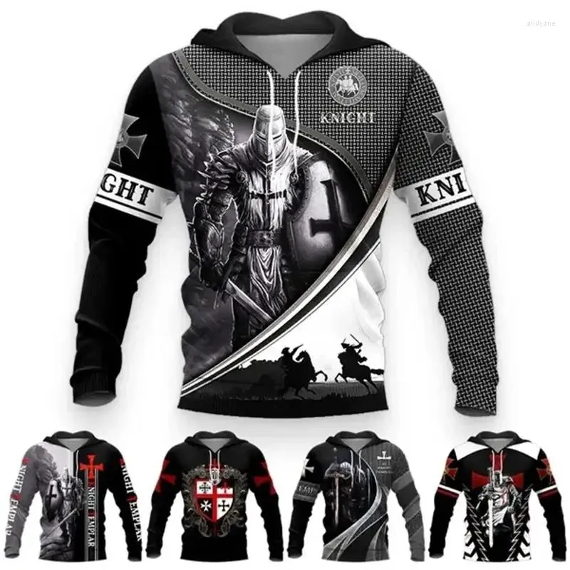 Hoodies masculins Knights Templiers Men 3D Soldat médiéval armure imprimée streetwear streetwear sportive sportive pullatives pour femmes vêtements