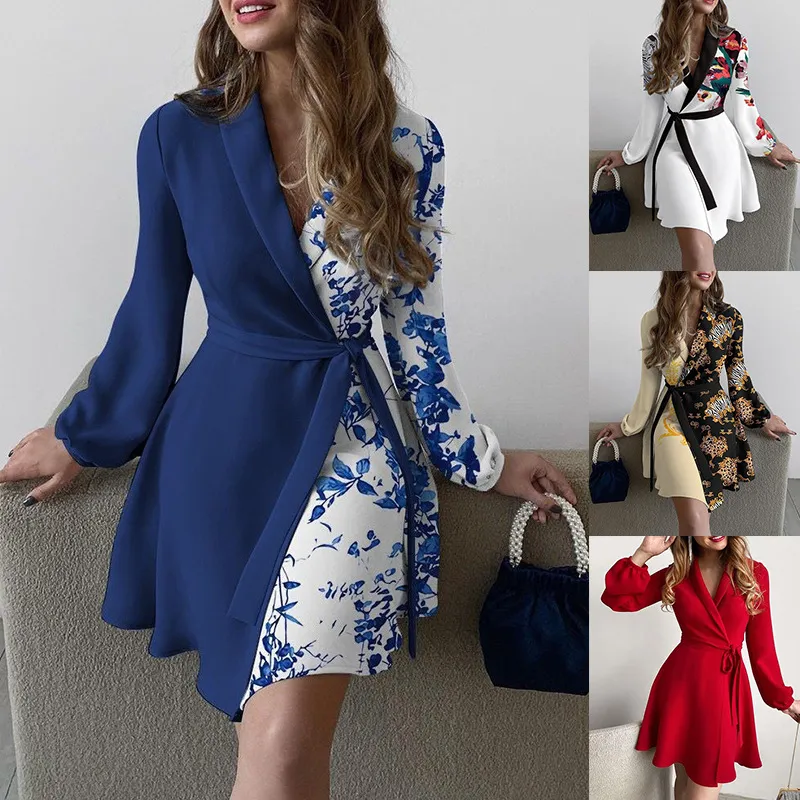 Designer Dresses Women Casual Dresses Spring and Autumn Floral Print Lapel V-neck Long Sleeve Belted Dress Clothing Fashion Clothes