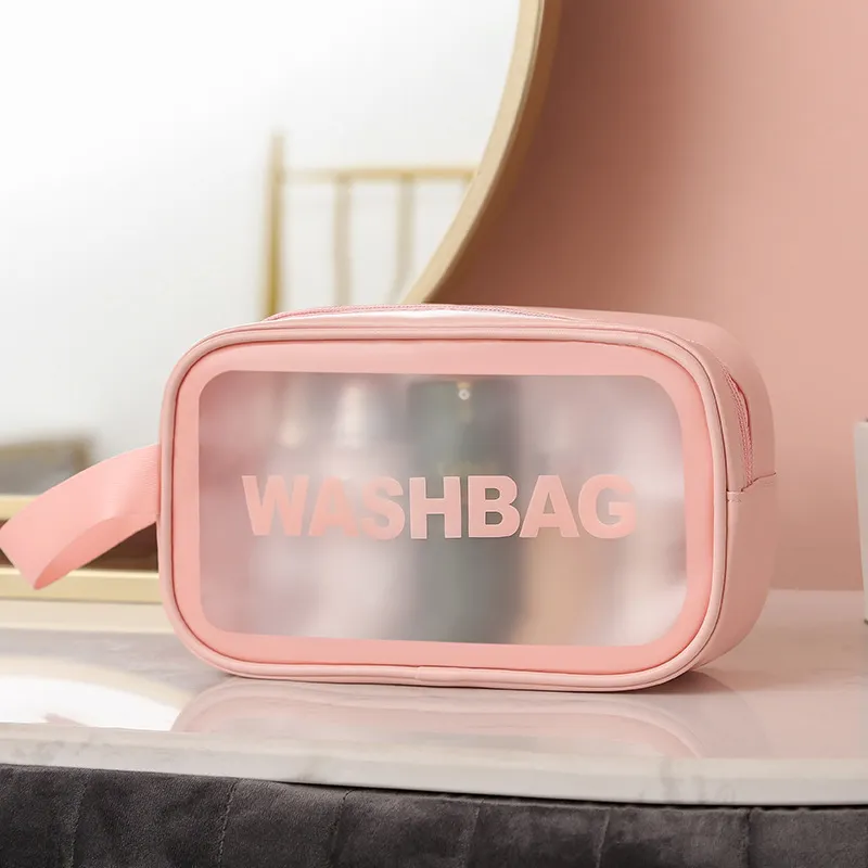 Pu Cosmetic Bag Large Capacity Pvc Waterproof Toiletry Bag Transparent Frosted Shower Bag Travel Portable Storage Bag