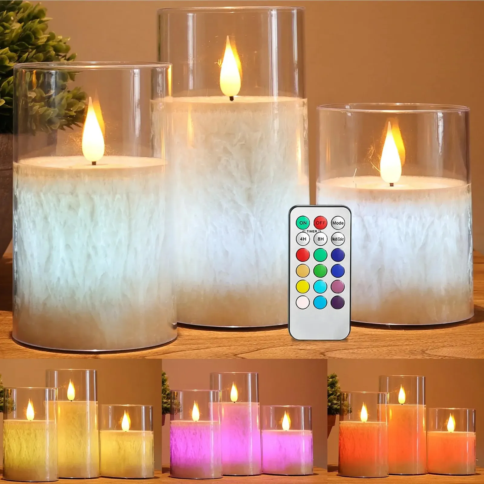 3st/set 10/12.5/15cm LED Flameleless Electric Candles Lamp Acrylic Glass Batteri med fjärrkontroll LED -ljus för bröllopsdekor 240416