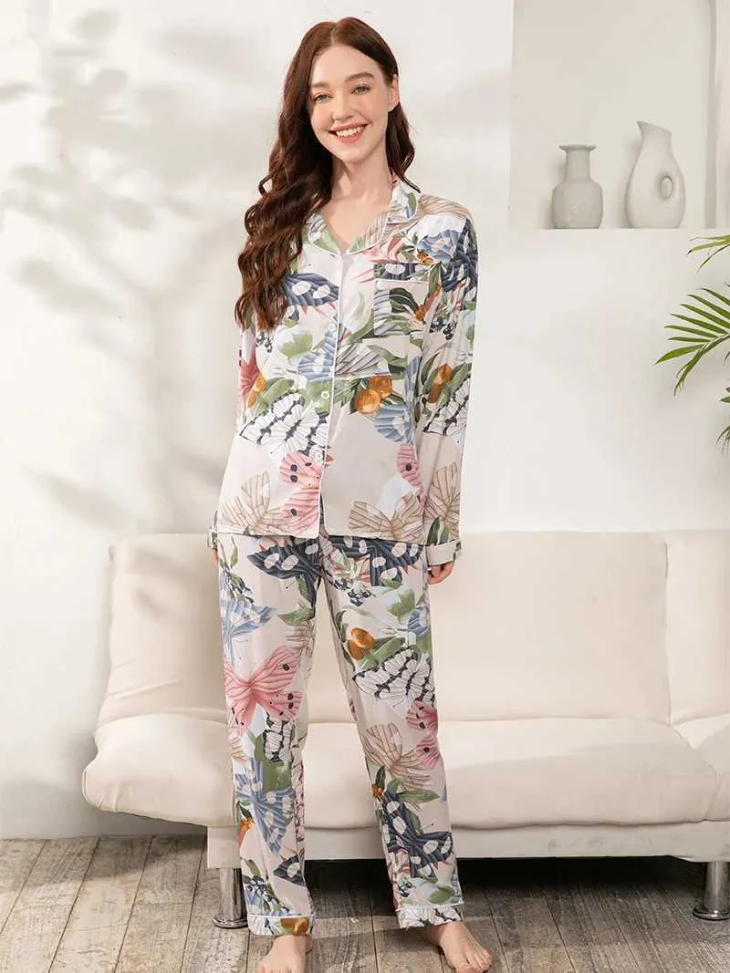 Kvinnors sömnkläder Kvinnor Plus Size S -3XL NYA 100% VISCOSE PAJAMAS SET LÅNG -SLVED -TROUSERS LADER PAJAMAS SUT Nattkläder kostym Slpwear Pijama Y240426