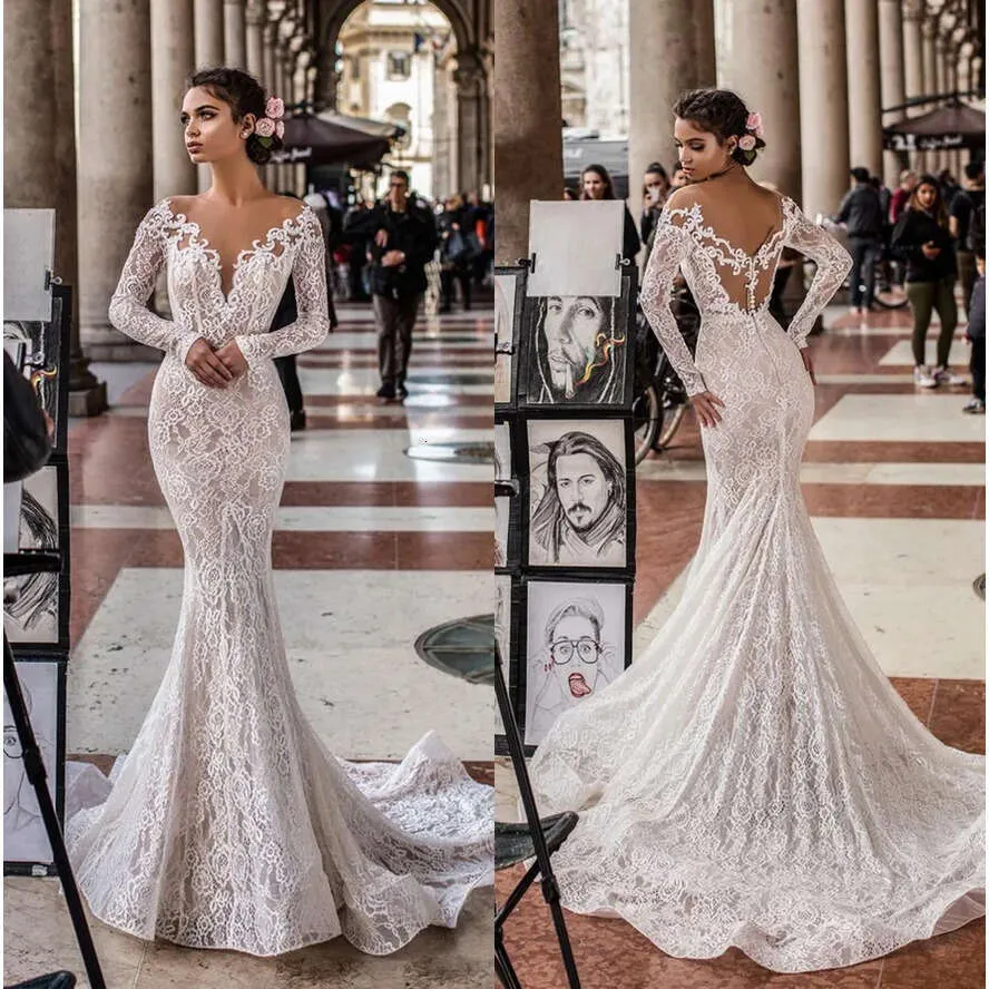 Custom-made lace mermaid bridal dress with Off-Shoulder Design, Long Sleeves, Deep V-Neck, Backless Design and Hollow Appliques - Perfect for a