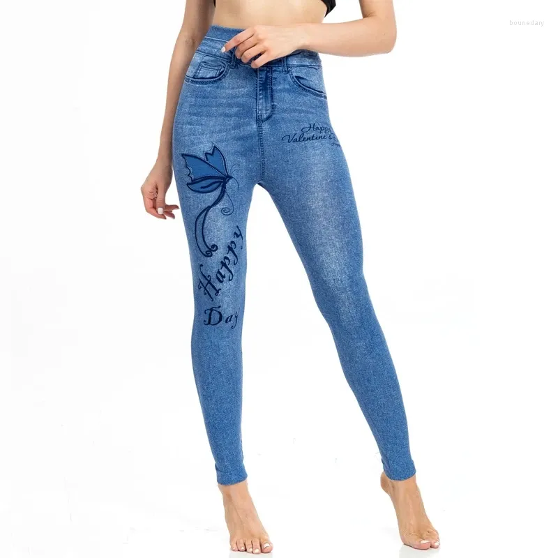 Kvinnors leggings 2024 Sexig gymnastik Hög midja Elastisk fjäril Tryckt blyertsbyxor Faux denim kvinnlig design