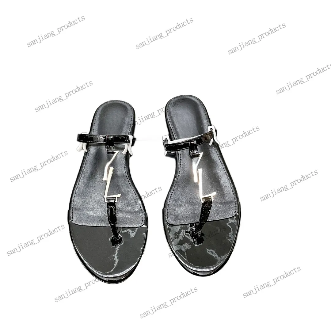 2024 Designer Brands Flat Sandals tofflor Gladiator Black Patent Leather Women Dress Shoes Gold Letar Sandal Metal Buckle Women Wedding Party Sandale Sandles