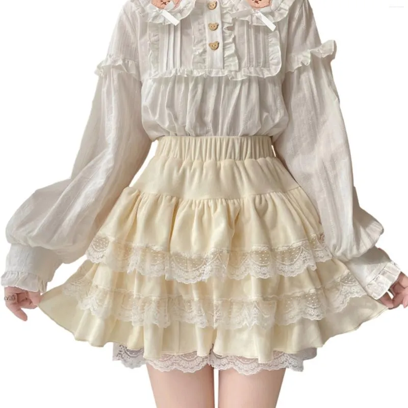 Skirts Cute Lolita Fuzzy Skirt Teen Girls Plush Mini Kawaii Lace Tiered Ruffle High Waisted Skort Fluffy Pleated