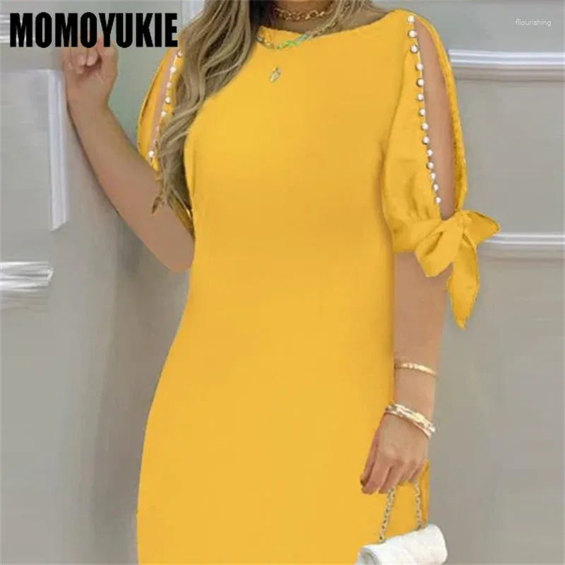 Casual Dresses Women's 2024 Summer Y2k Fashion Decor Lace Up Sleeve Round Neck Hollow Out Bare Shoulder Elegant Dress Streetwear