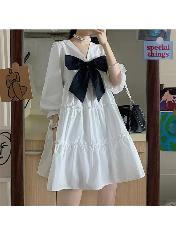 Houzhou White Dress Women Kawaii Bow Dresses Summer Preppy Styleかわいいハラジュクヴィンテージ衣装特大ストリートウェア240418