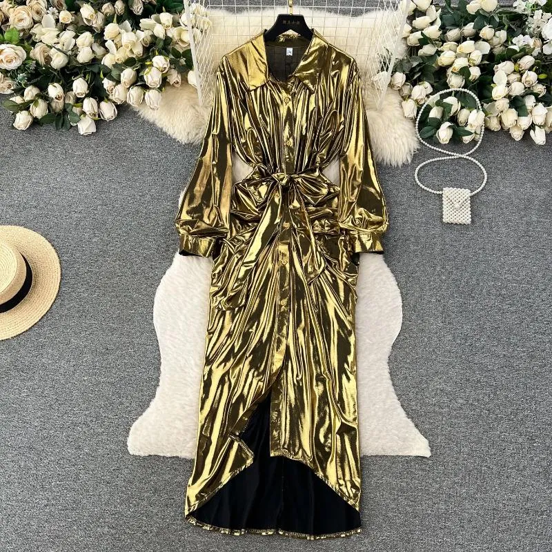 Vestidos casuais 2024 Design Design Autumn Pleated Lace Up Waist Slim Shirt Dress for Women Evening Party Prule Gold Sparkling Long Prom