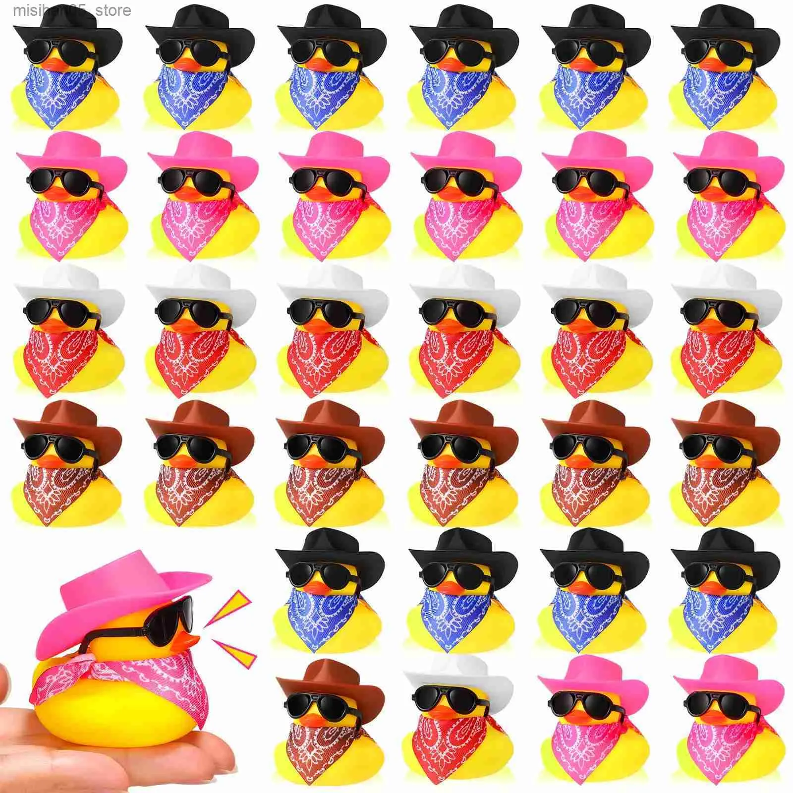 Sandspiel Wasser Spaß 36 Sets Denim Gummi Duck Mini Yellow Duck Badezimmer Party Spielzeug Duckling Badewanne Spielzeug Denim Hats Paisley Bandanas Sonnenbrille Q240426