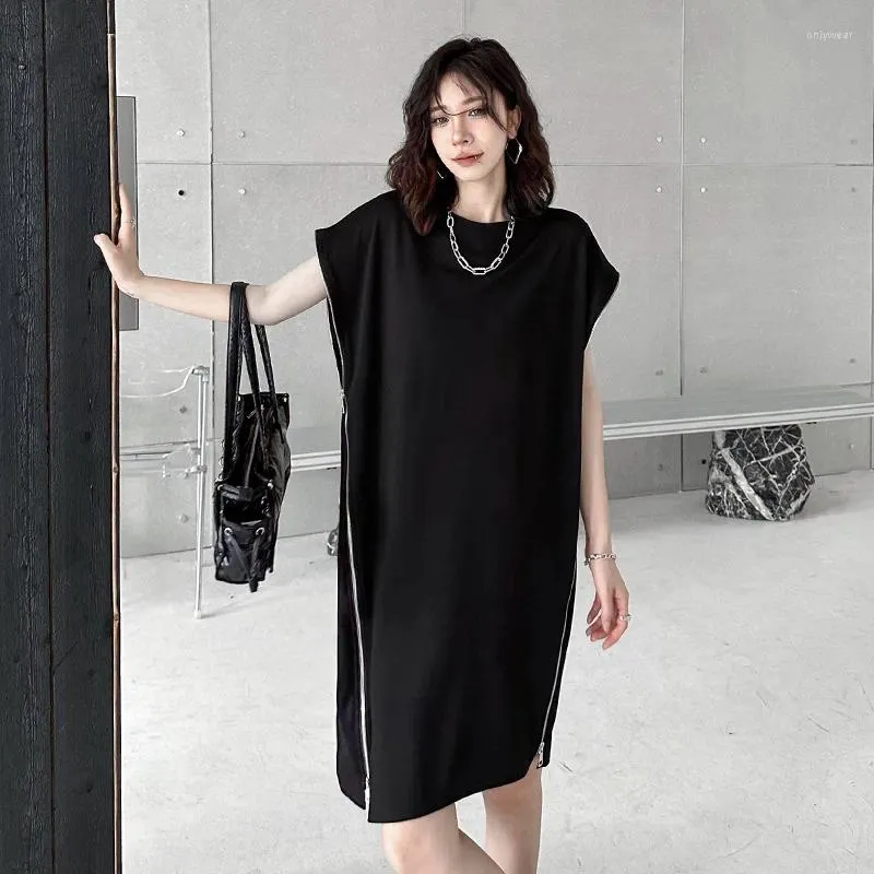 Casual Dresses Dark Style Sidos Zipper Design ärmlös t-shirt för kvinnor Vintage Y2K High Street Loose Slim Dress Ropa de Mujer