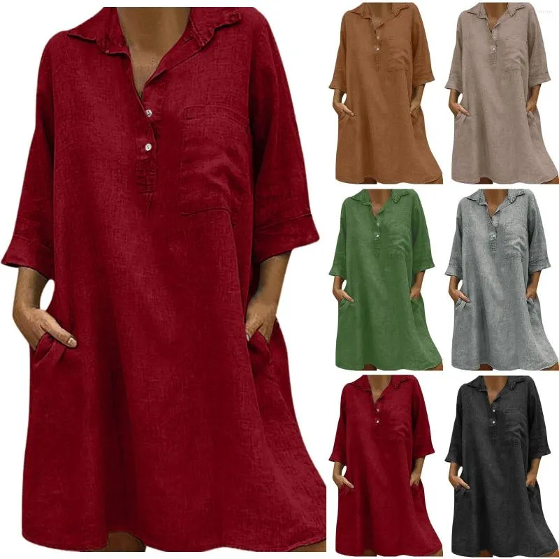 Casual Dresses Summer Solid Color Button Dress Lapel 3/4 Sleeve Pocket Loose Fashion Cotton For Women Elegant Ladies Vestido