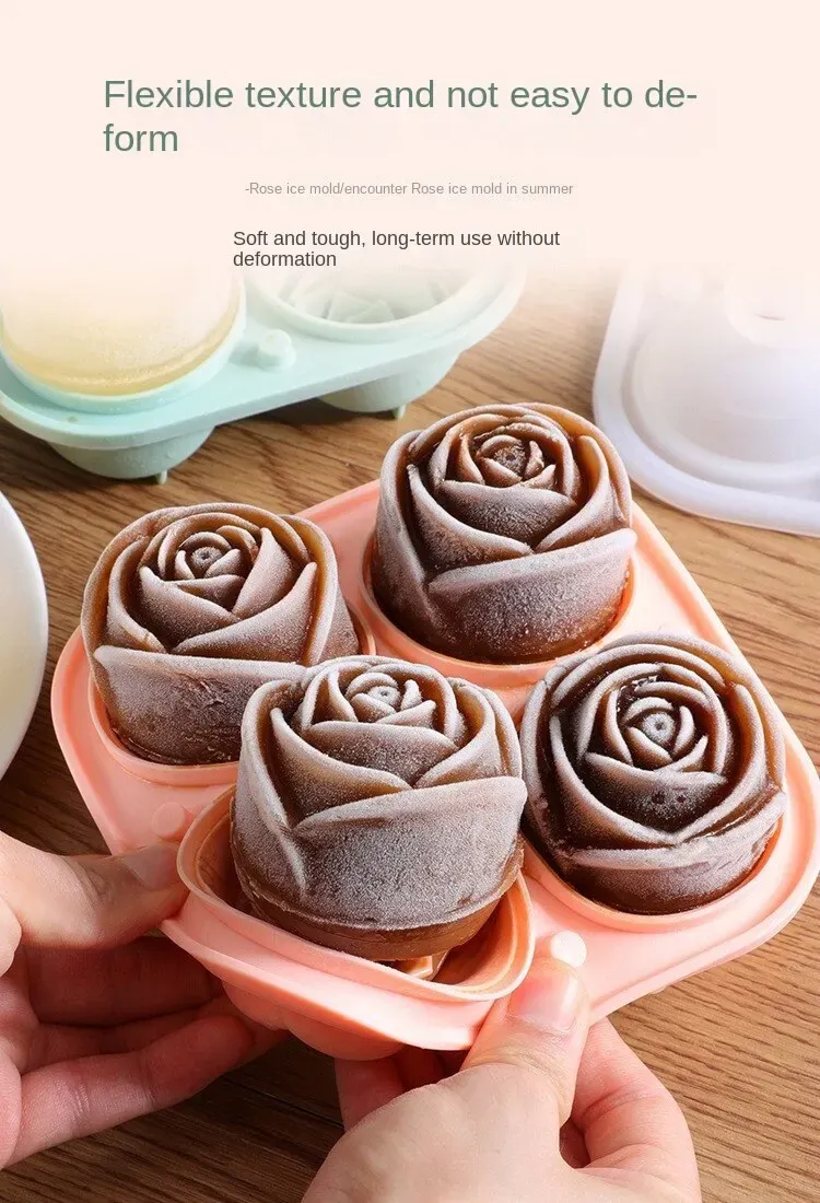 Verktyg 3D Rose Ice Molds 4 Hål Ice Cube Tray Mold Flower Shape Silicone Ice Mold Ice Ball Maker Bar Ice Cube Maker Tool