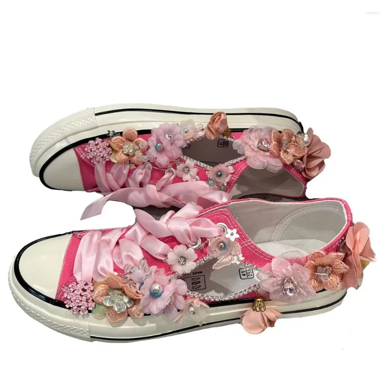 Sapatos casuais tênis rosa design de luxo com fabricação de qualidade Flores de qualidade Rhinestone Softs personalizando a cor vulcanizada