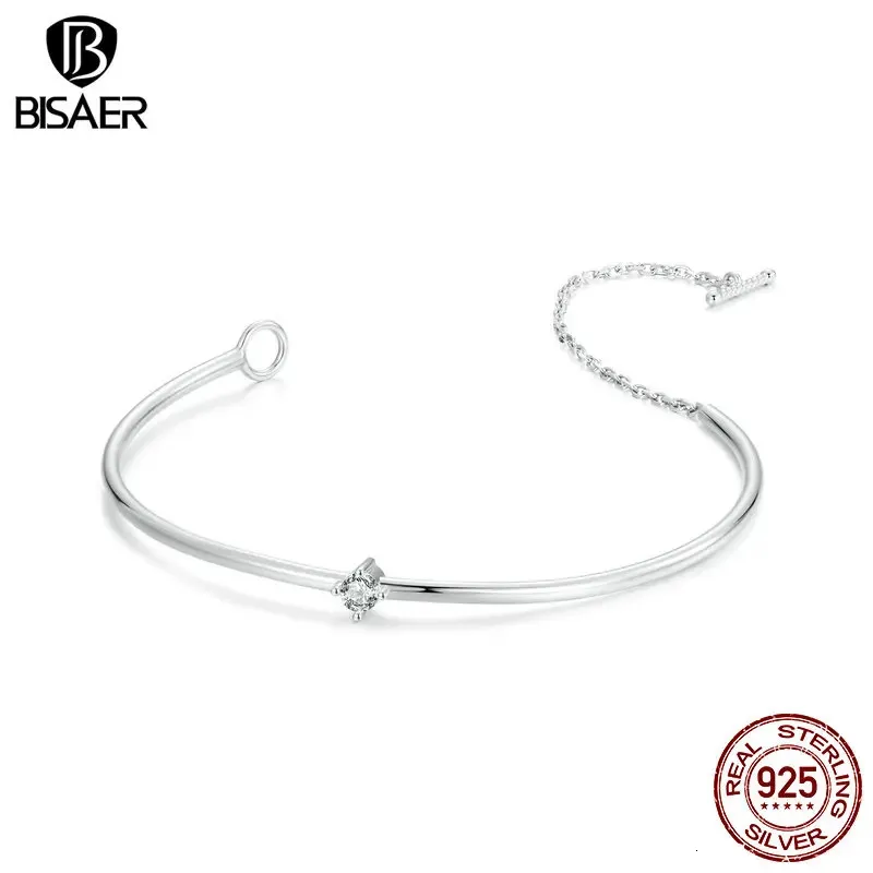 Bisaer 925 Sterling Silver Simple Zirkon Basic Bracelet Geplaatste wit goud verstelbare ketting voor vrouwen DIY Charm Bead Fine Jewelry 240423