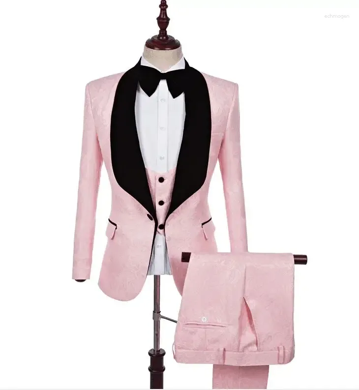 Mäns kostymer högkvalitativa rosa jacquard män passar sjal lapel formell bröllop smart casual blazer smal fit 3 stycke prom tuxedo