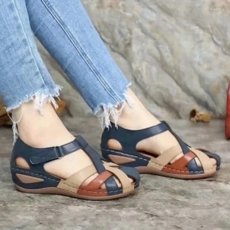 Sapatos casuais magu salto sandália de verão feminino redondo redondo dedo vintage plataforma feminina sandálias de cunha costurando mulheres 2024 tendência