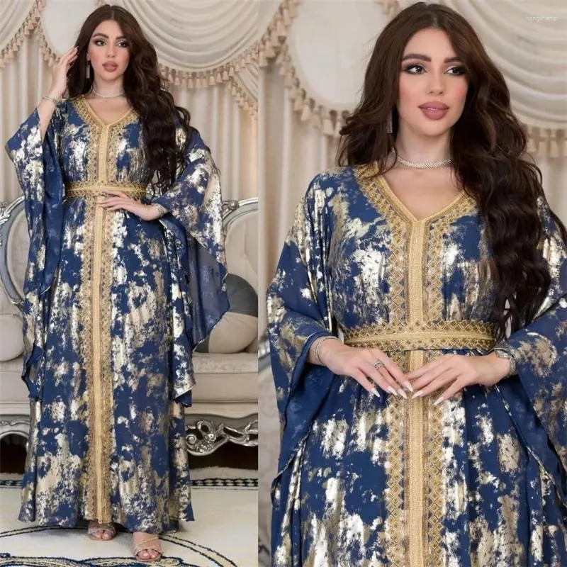 Ropa étnica mujeres de lujo jalabiya marroquí kaftan abaya dubai estampado en v pable de encaje belteado maxi vestidos de pavo ramadán ramadán