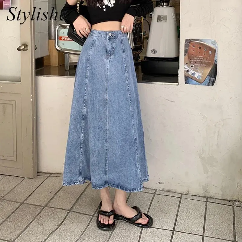 Skirts Korean Style Denim Long Skirt Autumn 2024 A Line High Waist Midi Women Blue Elegant Chic Patchwork Striped Winter