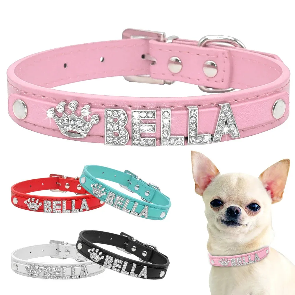 Bling Rhinestone Puppy Dog Collars Personalized Small Dogs Chihuahua Collar Custom Necklace Free Name Charms Pet Accessories 240419