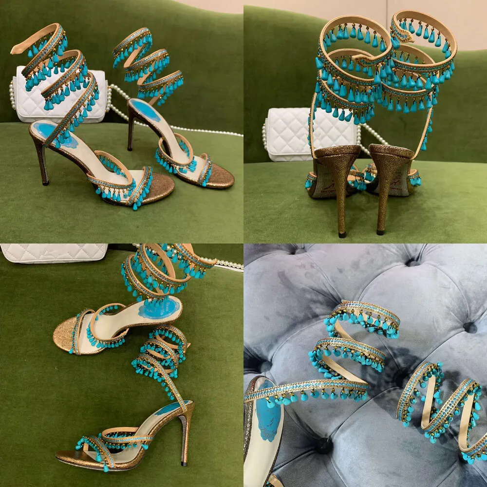 Sandals Turquoise Rene Caovilla Crystal Lamp Pendant Rhinestone Twining Foot Ring High Heeled Designer Shoes Top Quality Flash Sier Original Quality