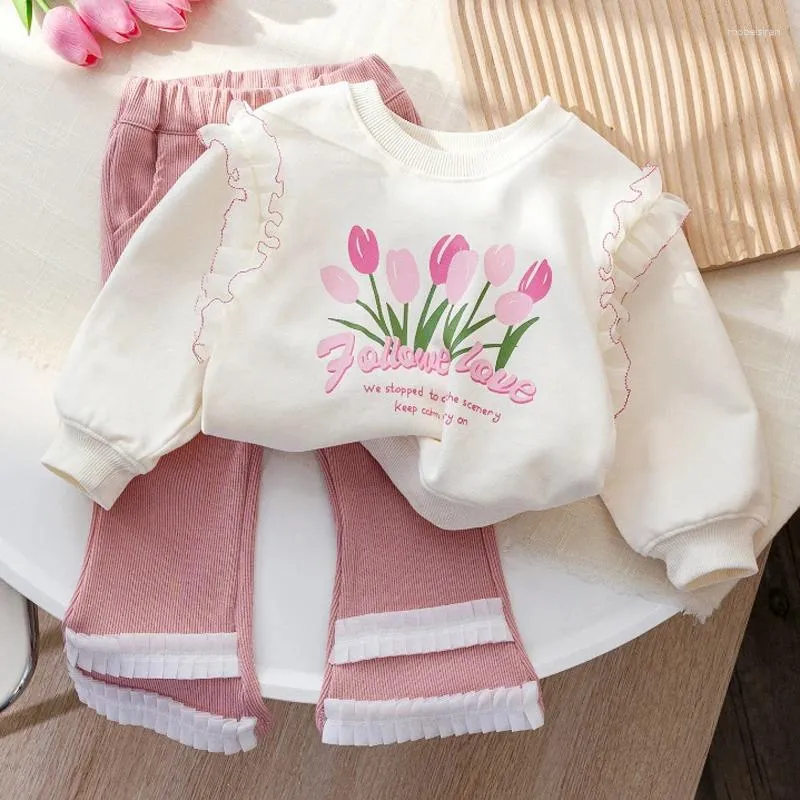 Conjuntos de roupas 2024 Primavera Autumn Girls Definir Detoon Flower Lace Camisa de manga cheia 2pcs Terno para crianças Moda Children Roupa