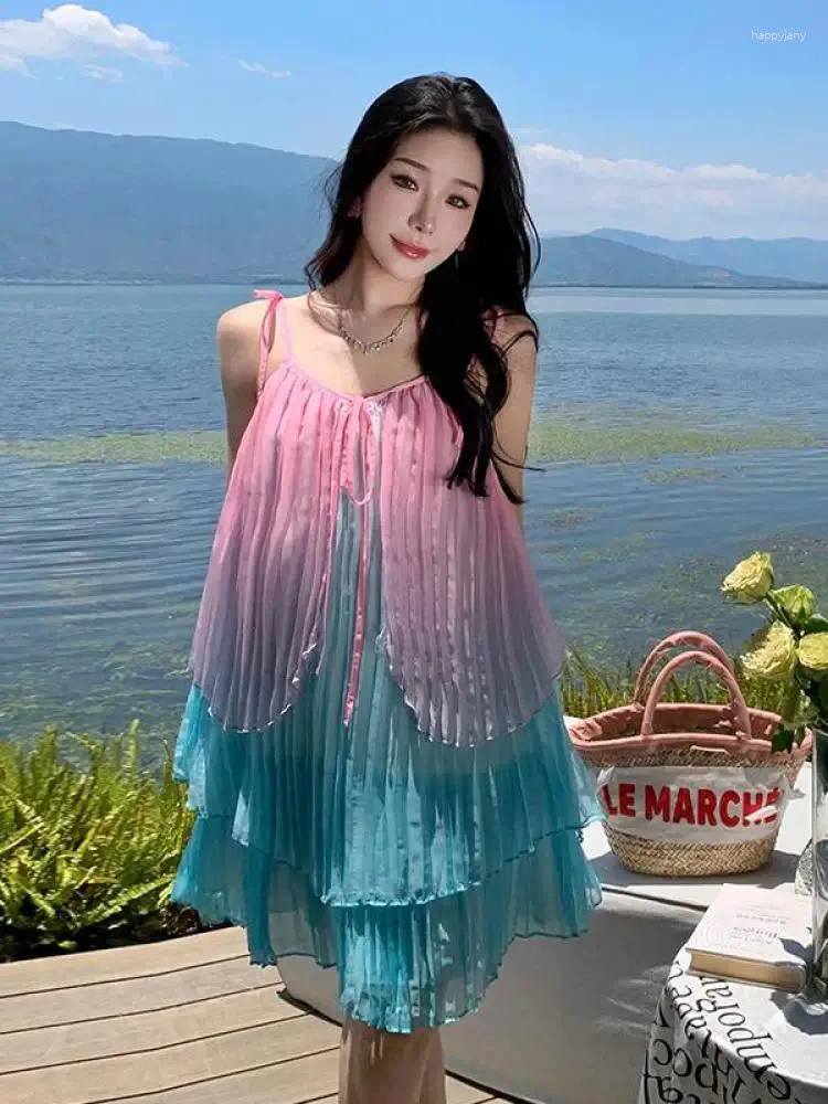 Casual jurken 2024 Zomer roze blauw patchwork Backless geplooid verbanden Midi Dress Fashion Beach Boheemse vintage slip Women Sexy Party