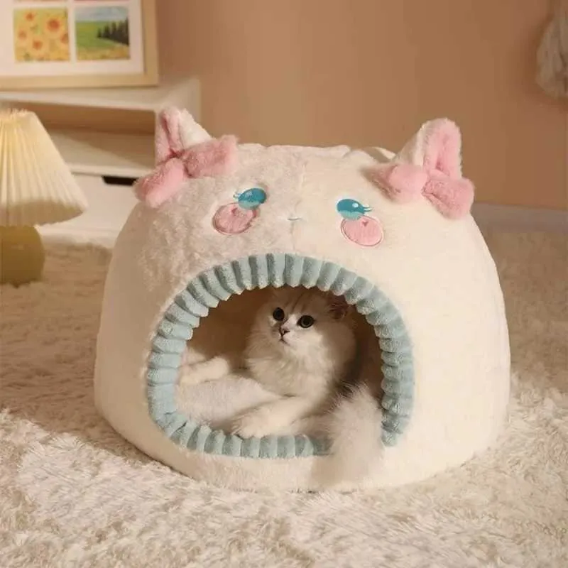 Cat Carriers Crates Houses Soft Cat Bed Sleeping Room Dog Cat Winter House Mat Tent Tent Kitten Puppy Warm zacht pluche cartoon Alpaca House Nieuwe benodigdheden 240426