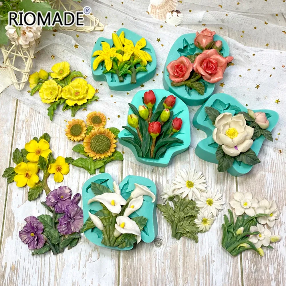 Mögel 11 modeller blommor formar silikon fondant mögel solros rosen nejlika blommor mögel tårta dekorera verktyg dessert bakform mögel