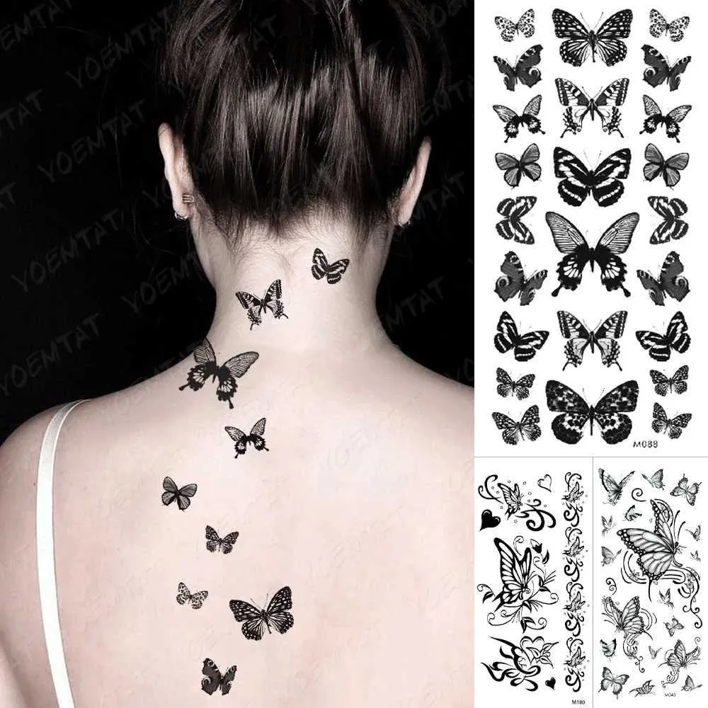 Tattoo Transfer vlinder waterdichte tijdelijke tattoo stickers motrozebloem donkere flits tatto vrouwen sexy body art arm nek nep tattoos mannen 240427