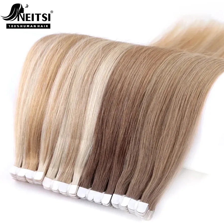 Przedłużenia Neitsi Ombre Color Mini taśma w ludzkich włosach przedłużenia kleju prosta skóra Weft 100% naturalne prawdziwe mega włosy 12 „16” 18 "20" 24 "