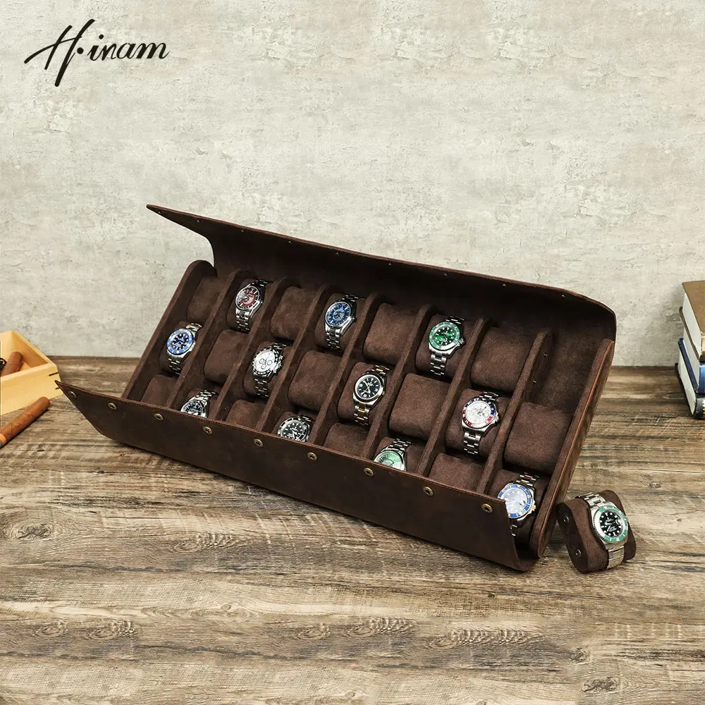 Luxury Genuine Leather Vintage 24 Slots Watches Box Business Trip Storage Organizer Bracket Holder Display Jewelry Case Gift 240415