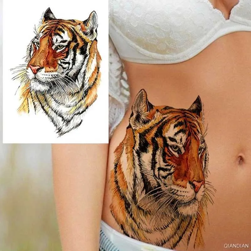 Tatueringsöverföring stor tiger lejon svart blomma falsk tatuering klistermärke för kvinnor ros fox fågeltemporary tatueringar diy 3d vatten överföring tatoos tjej man 240427