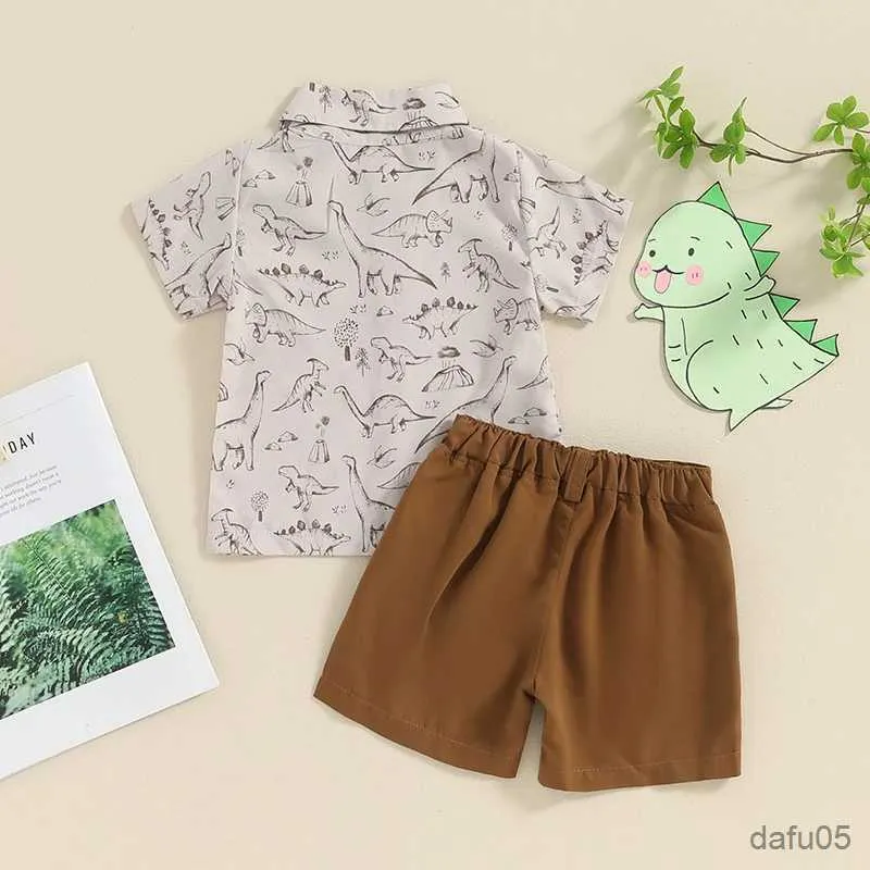 Kledingsets Little Boy Summer 2 -delige set korte mouw dinosaurus print button down shirt + elastische taille shorts baby peuter outfits