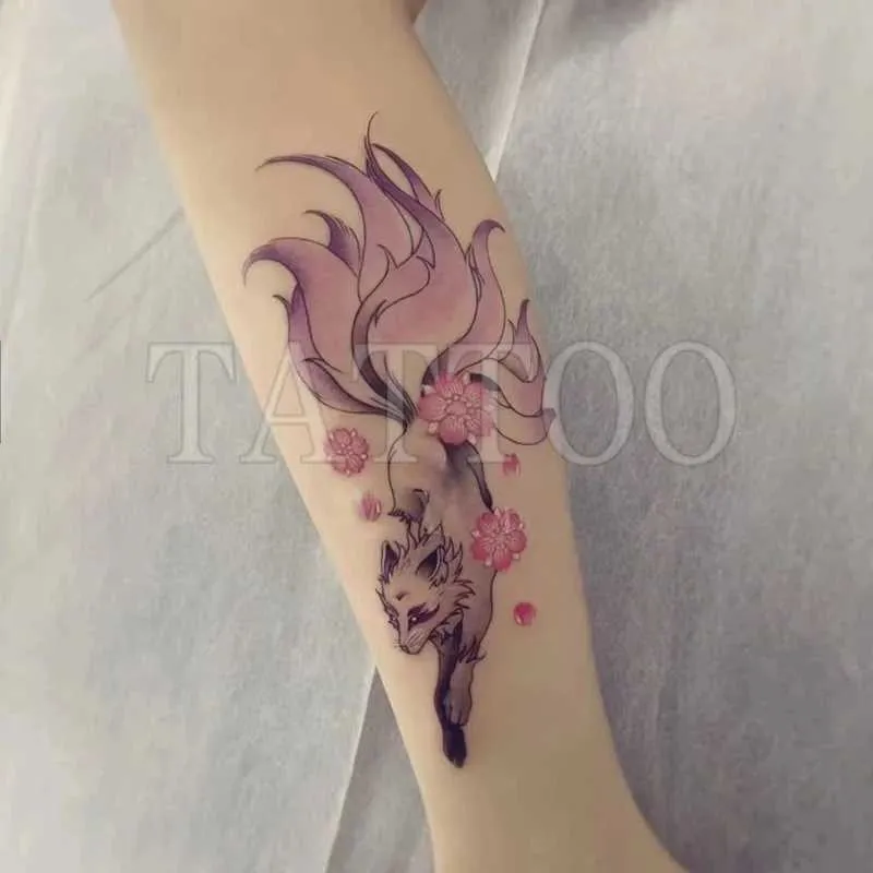 Tattoo Transfer Color Nine-tailed Fox Waterproof Temporary Tattoo Stickers Fashion Flower Arm Art Fake Tattoos for Women Tatuajes Temporales 240426