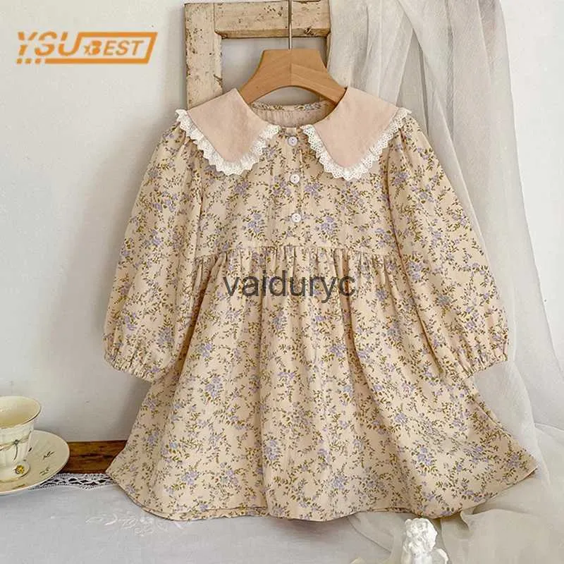 Girl's Dresses Sweet Kids Baby Girls Long sleeved Flower Print Princess Dress Autumn Baby Girls Doll Neck Dress Elden Dress H240426