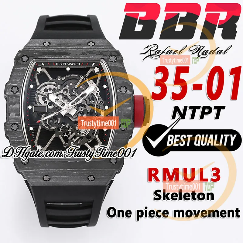 BBR 35-01 RMUL3 MÉCANIQUE MECHEUR MESTES METTRE NTPT FIBRE DE CARBON CALLE Squelette Black Natural Rubber Strap Super Edition Sport TrustyTime001 Wrist Wrist