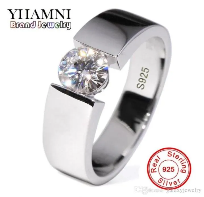 Envoyer un certificat d'argent yhamni 100 Real Pure 925 Silver Ring 6mm Sona CZ Diamond Engagement Angls de mariage Bijoux pour hommes DR1065412873755