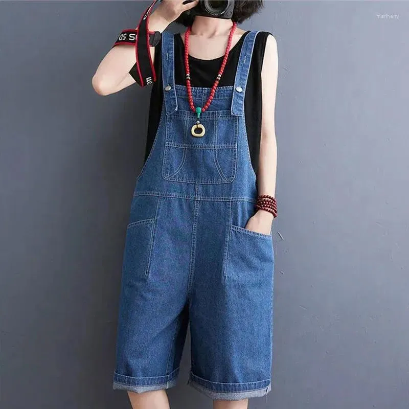 Frauenshorts 2024 Sommer Denim Jean Overalls Frauen Korean Baggy Taschen Weitbein Overall