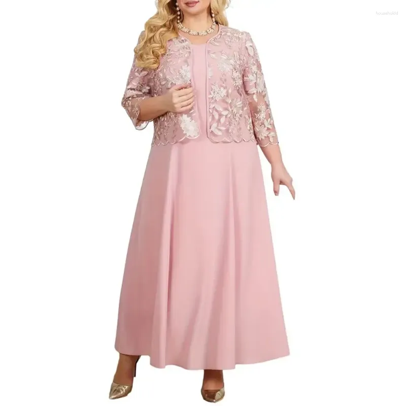 Casual Dresses Elegant Hollow Design Shawl Coat Set Floral Lace Embroidery Midi Dress For Plus Size Women O-neck Party Outfit