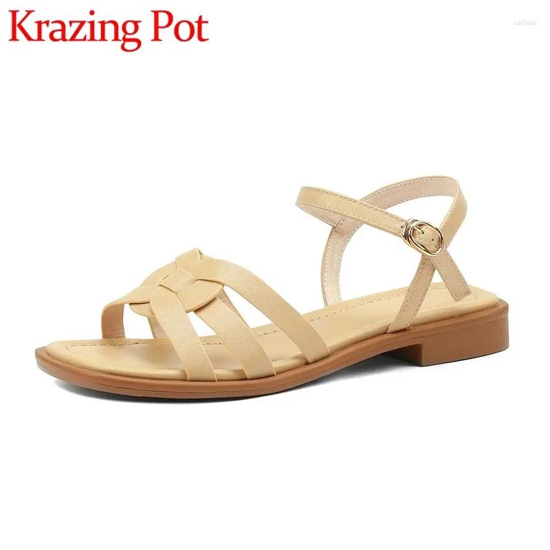 Scarpe casual krazing pentola naturale in pelle naturale peep toe tacco basso estate signore quotidianamente indossare fibbia per il tempo libero cinturino da donna classico sandali l73