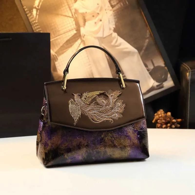 Middle-aged Give Mothers a Leather Crossbody Bag with High-end and Elegant Style. One Shoulder Handbag Chinese Style Embroidered Womens