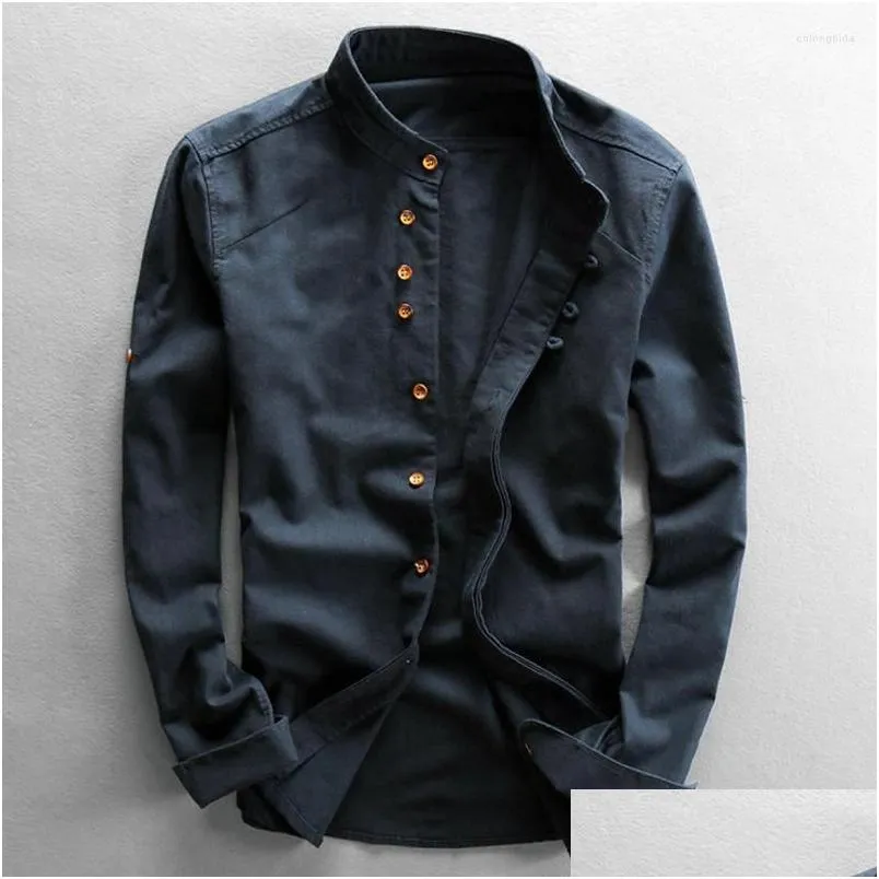 Men'S Casual Shirts Mens Spring Autumn Solid Japanese Style Linen Cotton Breathable Stand Collar Long Sleeve Slim Fit Classical Tops Ot1Vm