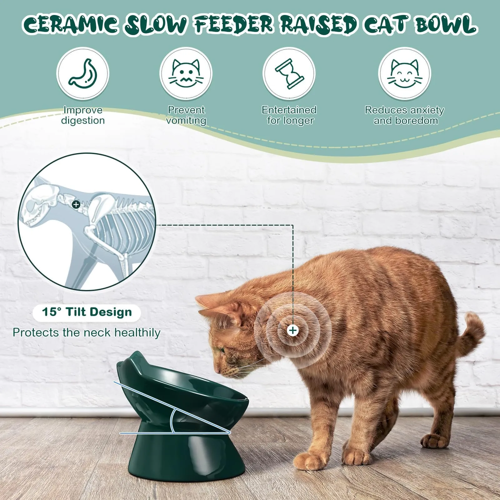 Funnymoom 2 Sets Ceramic Slow Feeder Cat Bowl With Stand | Elevated Cat Food Bowl With Fish Pool Design | Healthy Eating For Cats & Small Dogs