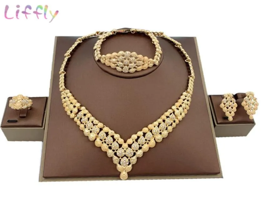 Liffly Jewelry Sets Nigerian Peads ślub ślubny African Costume Dubai Gold Neckase for Women Biżuteria Zestaw 7624286