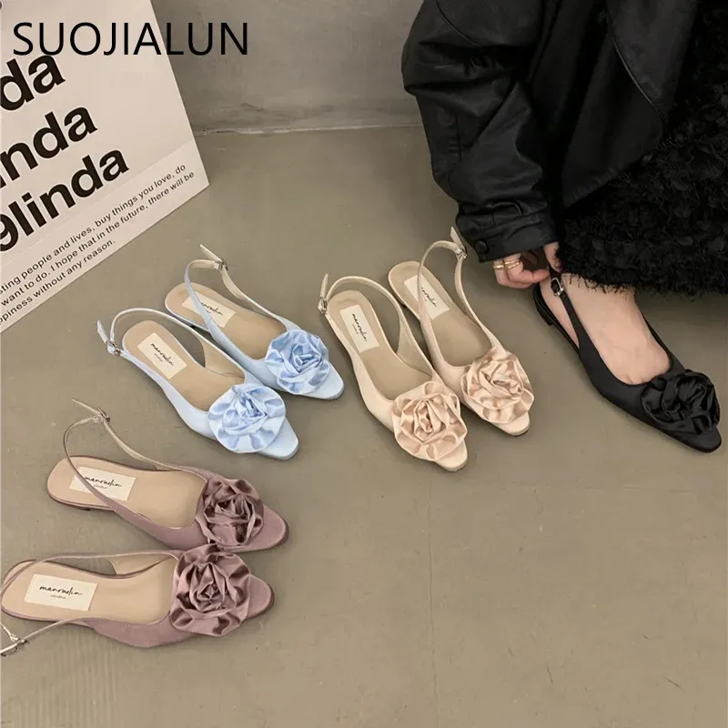Suojialun Spring Brand Frauen Sandal Mode große Blumen Damen elegante Slingback -Schuhe weiche flache Outdoor -Kleid Mules Schuhe 240425