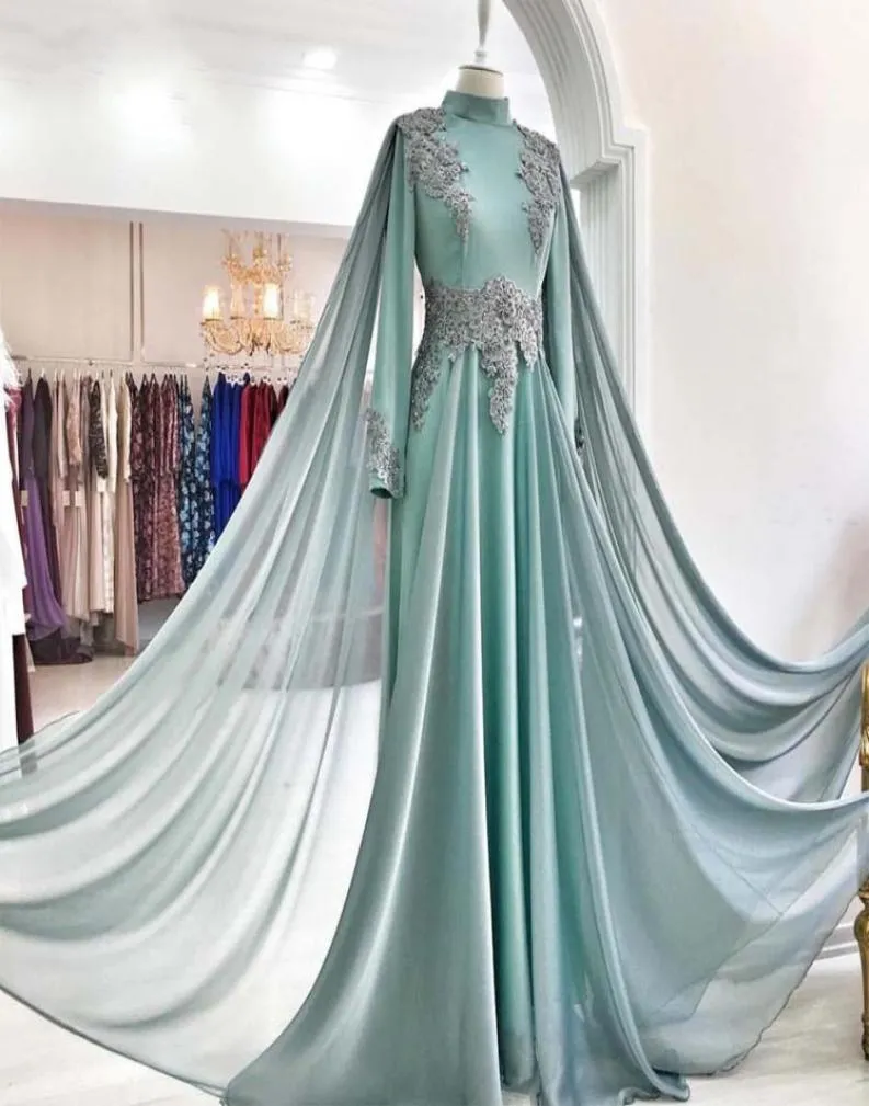 Muslimska långa ärmar prom klänningar dubai aline chiffon pärla spets applikation vintage lång kväll klänning hög hals glamorös fest g9179077